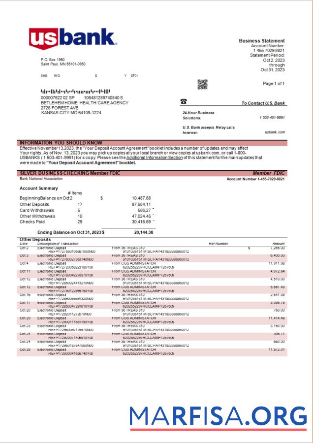 Realistic U.S. Bank organization account statement Word and PDF template